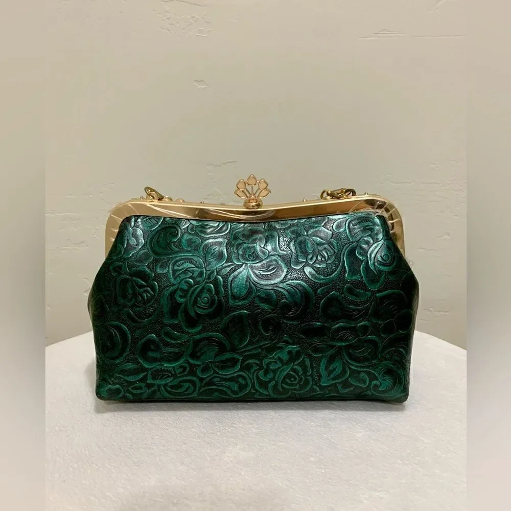 Handmade Genuine Leather Floral Embossed Push-lock Wristlet/Crossbody/Eveningbag